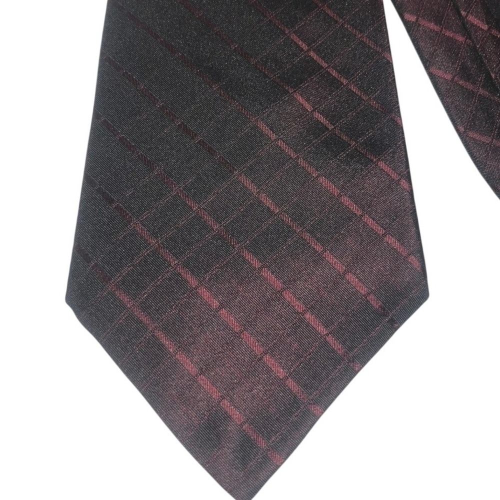Claiborne Mens Tie Burgundy‎ Red Black Plaid 100% Silk Necktie Formal Business